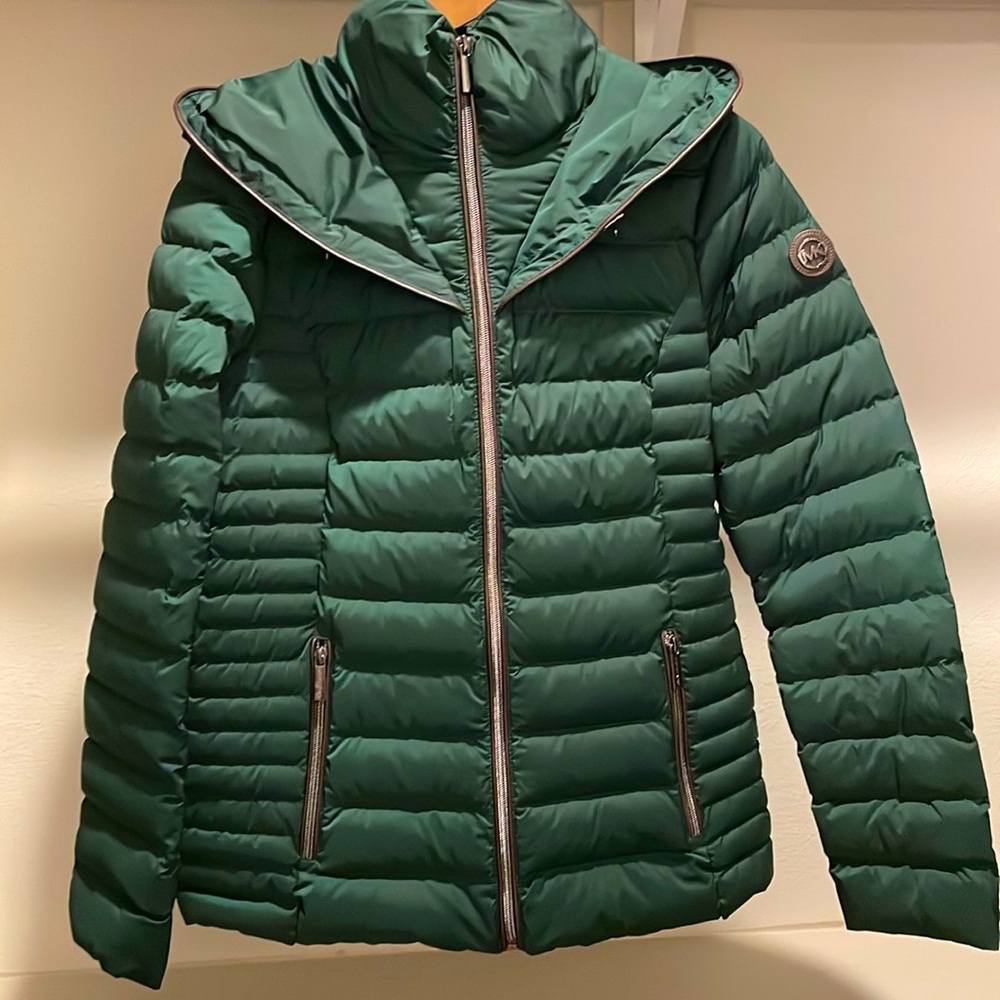 Green Michael Kors down filled puffer jacket with brown leather trim